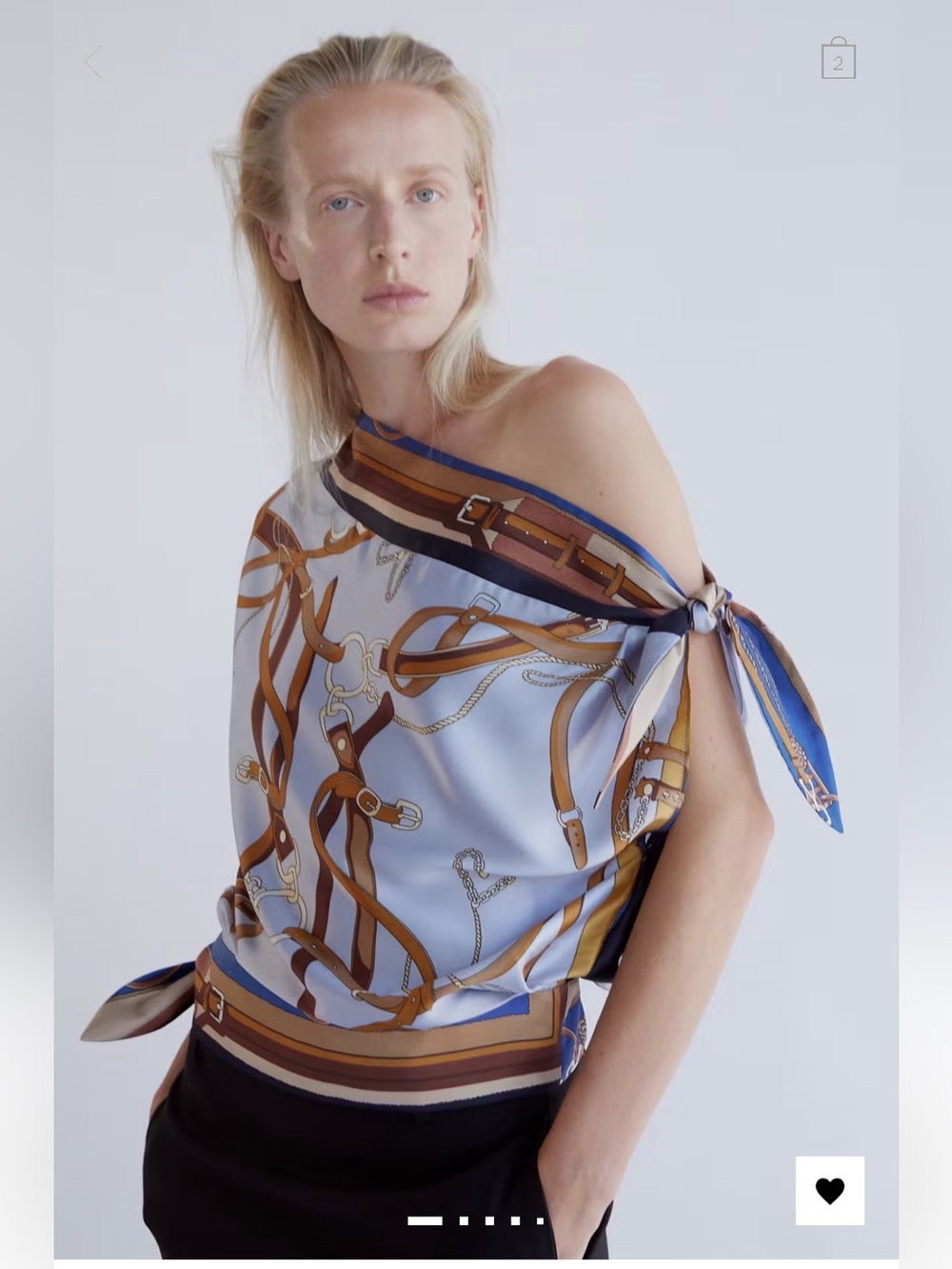 Mango Sky Blue Silk-Feel Scarf Top with Brown Belt Print